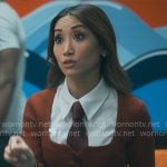 Ali’s red square-neck cardigan on Running Point