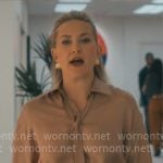 Isla’s taupe tie neck blouse and pants on Running Point