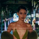 Maddy’s green cutout dress at Cassie and Nate’s wedding on Euphoria