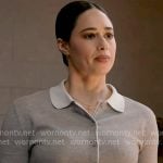 Lucy’s grey cardigan with contrasting collar on Chicago Fire