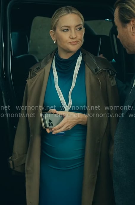 Isla’s blue ombre dress and leather collar trench coat on Running Point