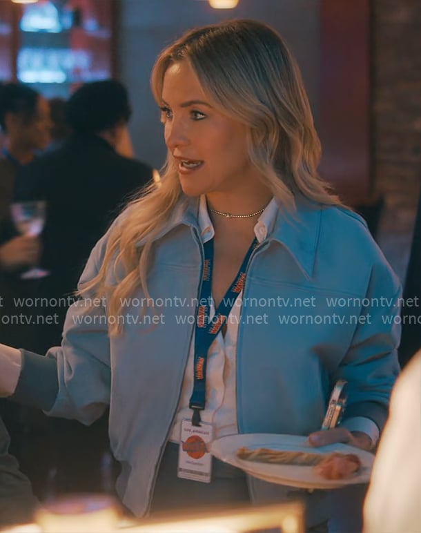 Isla’s blue suede bomber jacket on Running Point