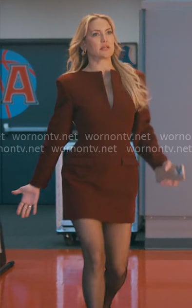 Isla’s burgundy split-neck dress on Running Point