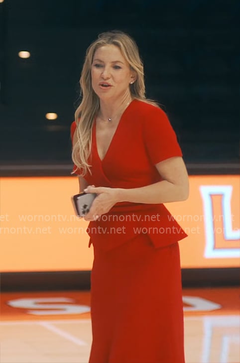 Isla’s red peplum midi dress on Running Point