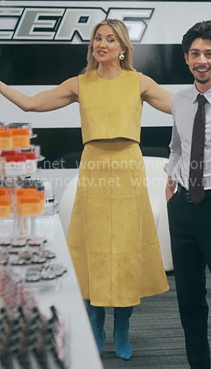 Isla’s yellow suede crop top and skirt set on Running Point