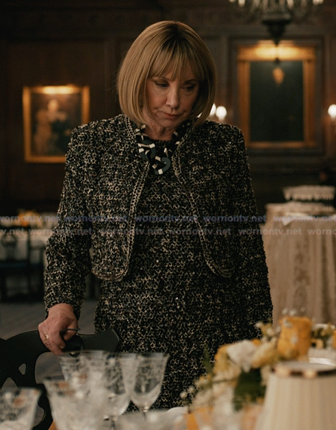 Izzy’s black tweed jacket and dress on Elsbeth