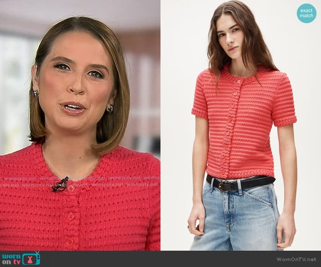 J. Crew Crochet Short-sleeve Cardigan in Stripe Tropical Ruby worn by Elizabeth Schulze on Good Morning America