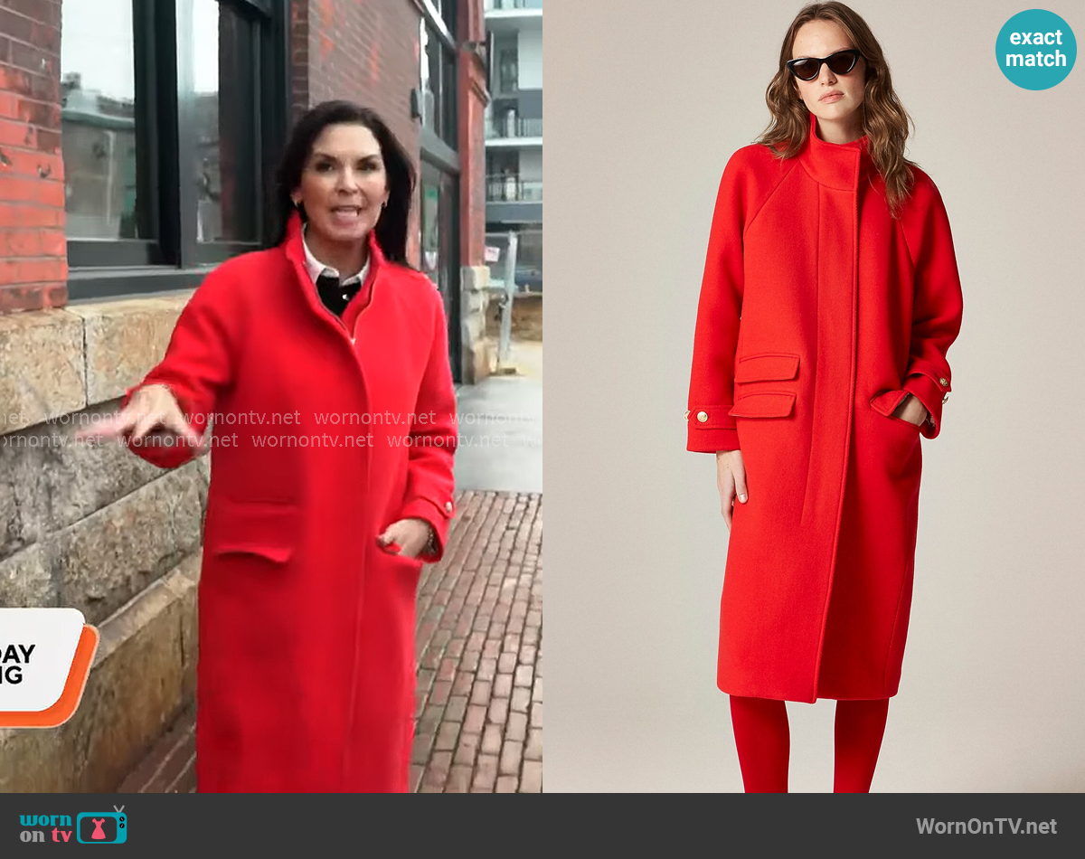 J. Crew Long Toscana coat in Italian stadium-cloth wool blend in Vintage Red worn by Meg Oliver on CBS Mornings