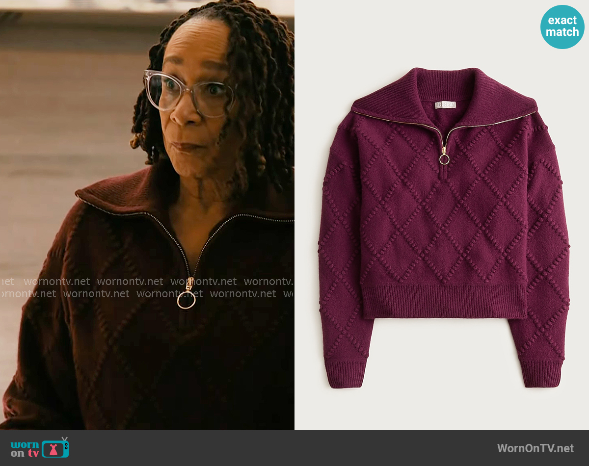 J. Crew Popcorn-stitch quarter-zip sweater in Darkstar Burgundy worn by Sharon Goodwin (S. Epatha Merkerson) on Chicago Med