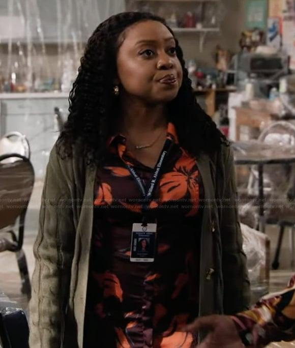 Janine’s black floral print shirtdress on Abbott Elementary