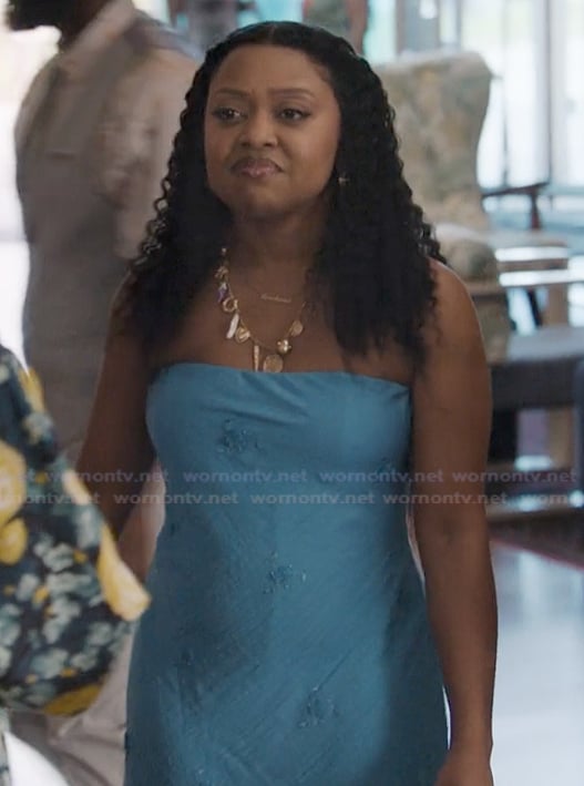 Janine’s blue strapless dress on Abbott Elementary