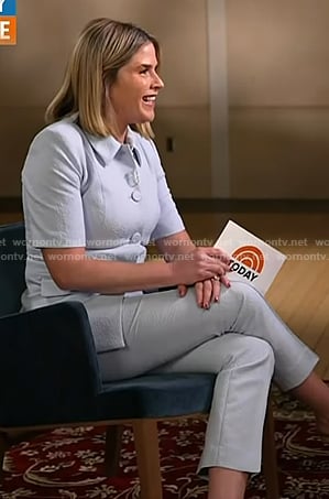 Jenna’s slate blue short sleeve jacket and pants on Today