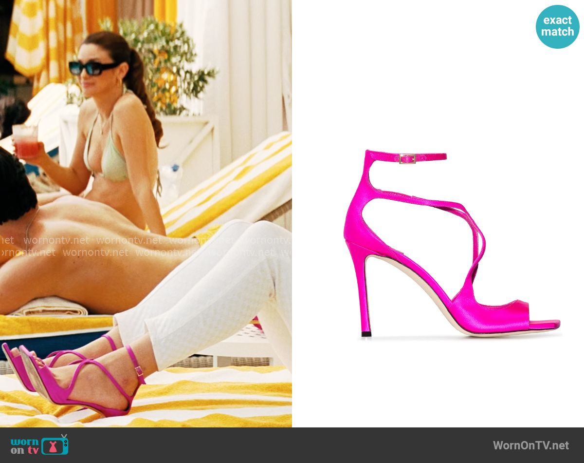 Jimmy Choo Azia 95mm satin sandals worn by Cassie Howard (Sydney Sweeney) on Euphoria