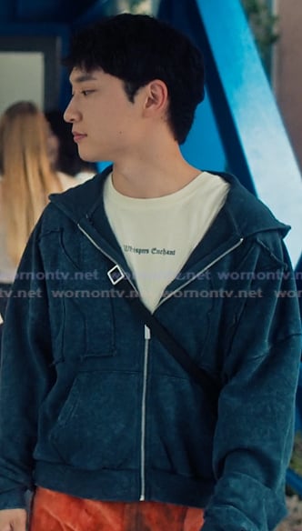 Jin’s blue embroidered hoodie on XO Kitty