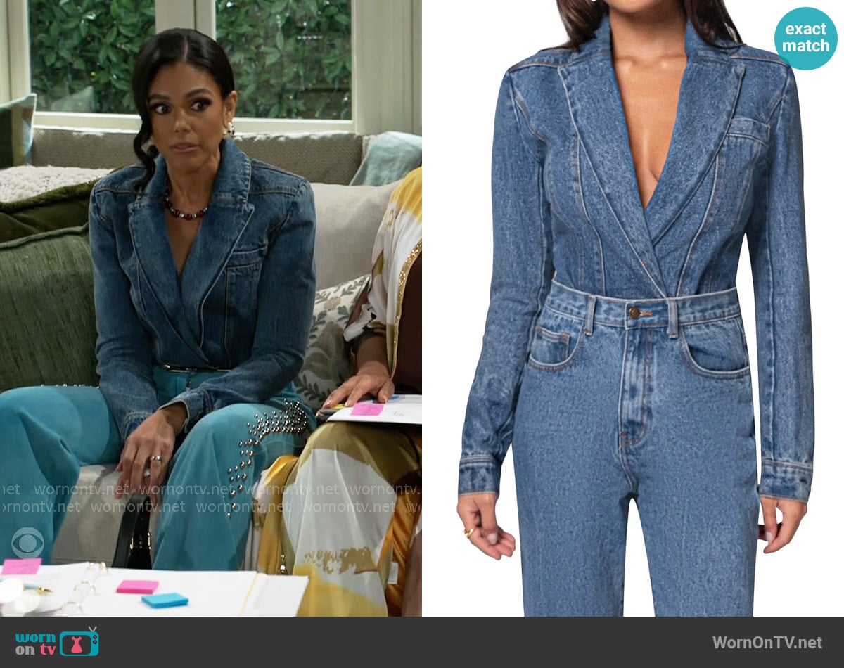 JLuxLabel Dominica Denim Blazer Bodysuit worn by Dani Dupree (Karla Mosley) on Beyond the Gates