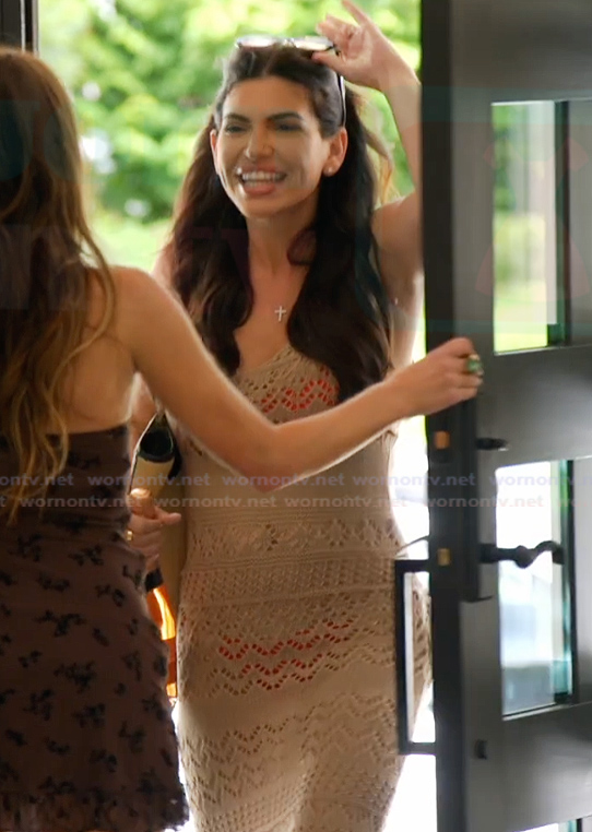 Jo-Ellen’s beige crochet knit dress on The Real Housewives of Rhode Island