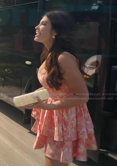 Joe-Ellen’s pink floral ruffle mini dress on The Real Housewives of Rhode Island