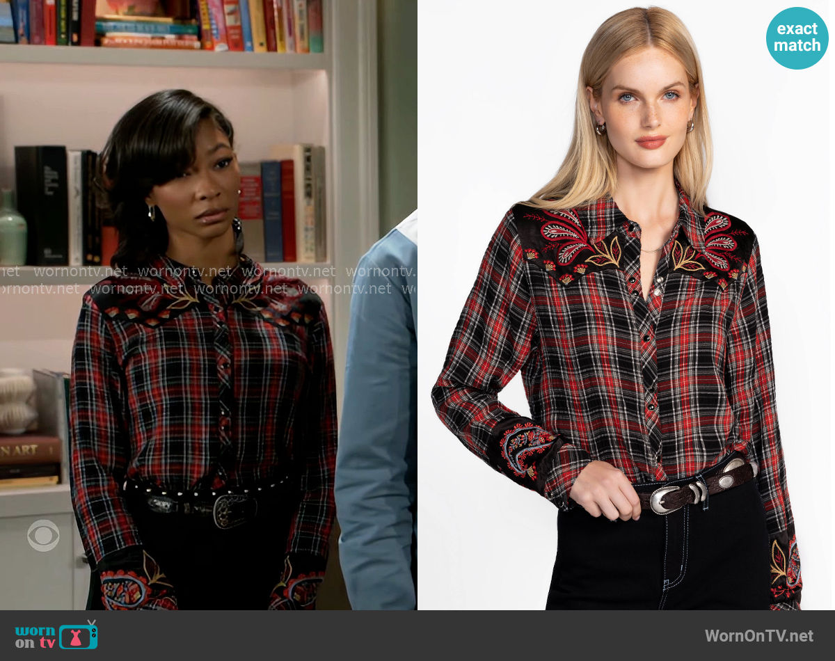 Johnny Was Puff Sleeve Western Shirt worn by Jessica Harris (Camryn Jade) on Beyond the Gates