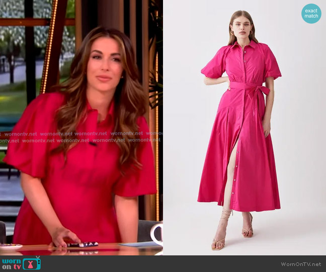 Karen Millen Cotton Poplin Puff Sleeve Woven Shirt Dress With Dropped Waist Detail in Fuchsia worn by Alyssa Farah Griffin on The View