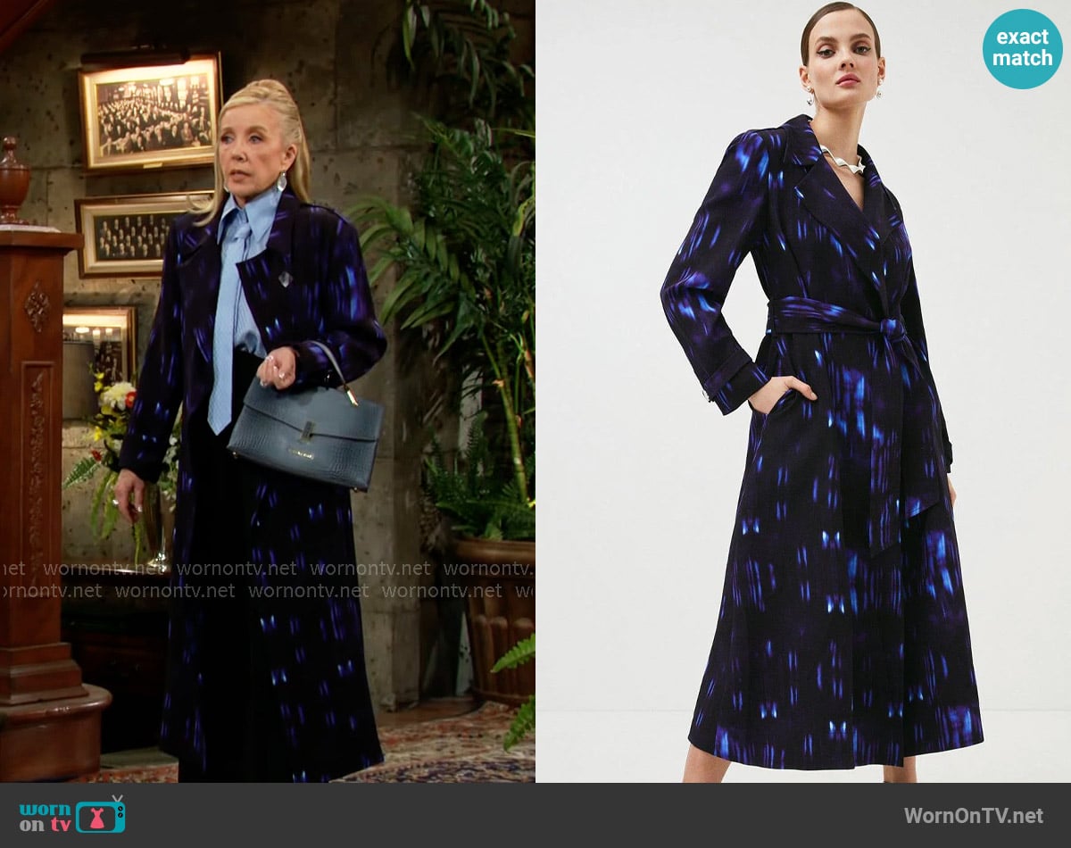 Karen Millen Relentless Satin Back Crepe Woven Trench worn by Nikki Reed Newman (Melody Thomas-Scott) on The Young and the Restless