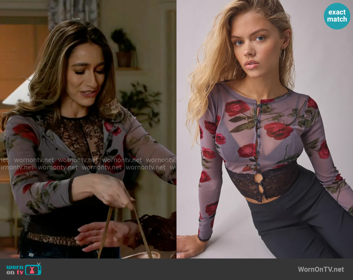 Kimchi Blue Sabrina Sheer Mesh Lace Trim Cardigan worn by Ashley Morgan (Jen Jacob) on Beyond the Gates