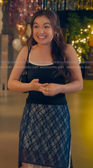Kitty’s black cami and layered lace skirt on XO Kitty