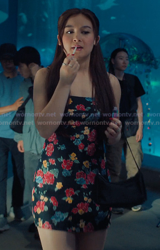 Kitty’s black floral mini dress on XO Kitty