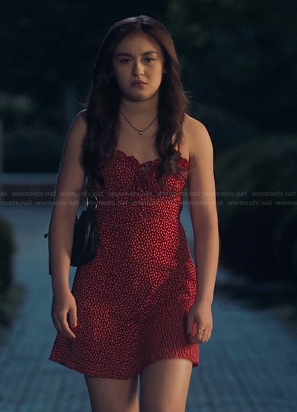 Kitty’s red polka dot print mini dress on XO Kitty