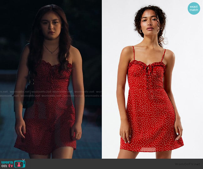LA Hearts Ruffle Trim Polka Dot Mini Dress worn by Katherine Song-Covey (Anna Cathcart) on XO Kitty
