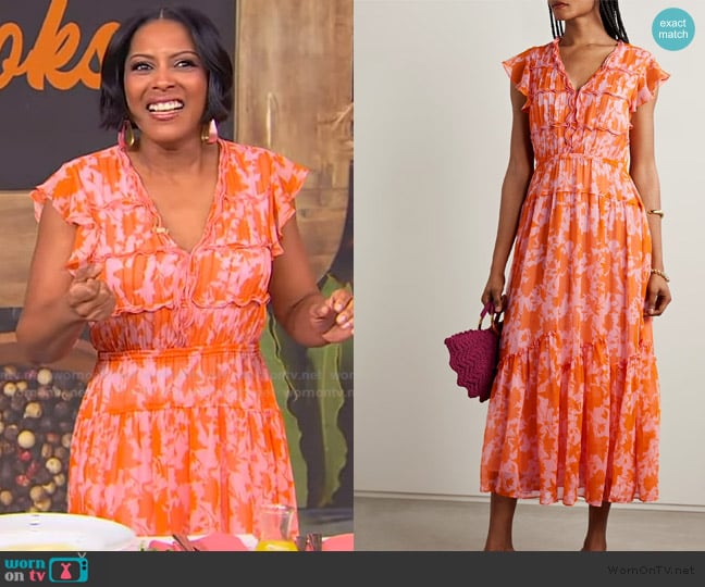 La Ligne Olympia pintucked ruffled floral-print silk-chiffon midi dress worn by Tamron Hall on Tamron Hall Show