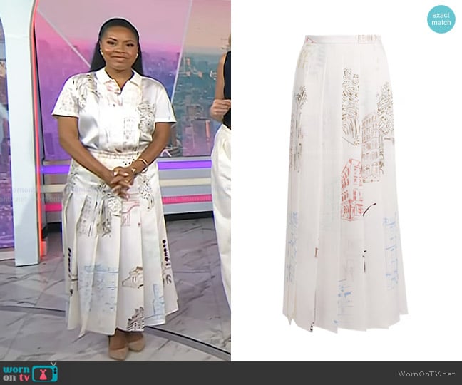 Lafayette 148 NY Pleated Manhattan-Print Fluid Twill Midi Skirt worn by Sheinelle Jones on Today