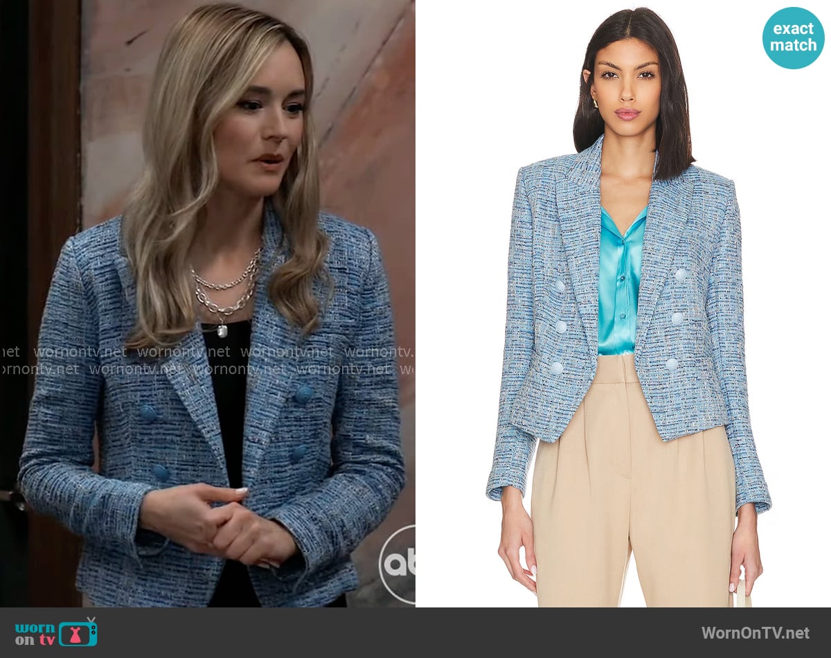 L'Agence Brooke Double Breasted Crop Blazer in Blue Multi Tweed worn by Jacinda Bracken (Paige Herschell) on General Hospital