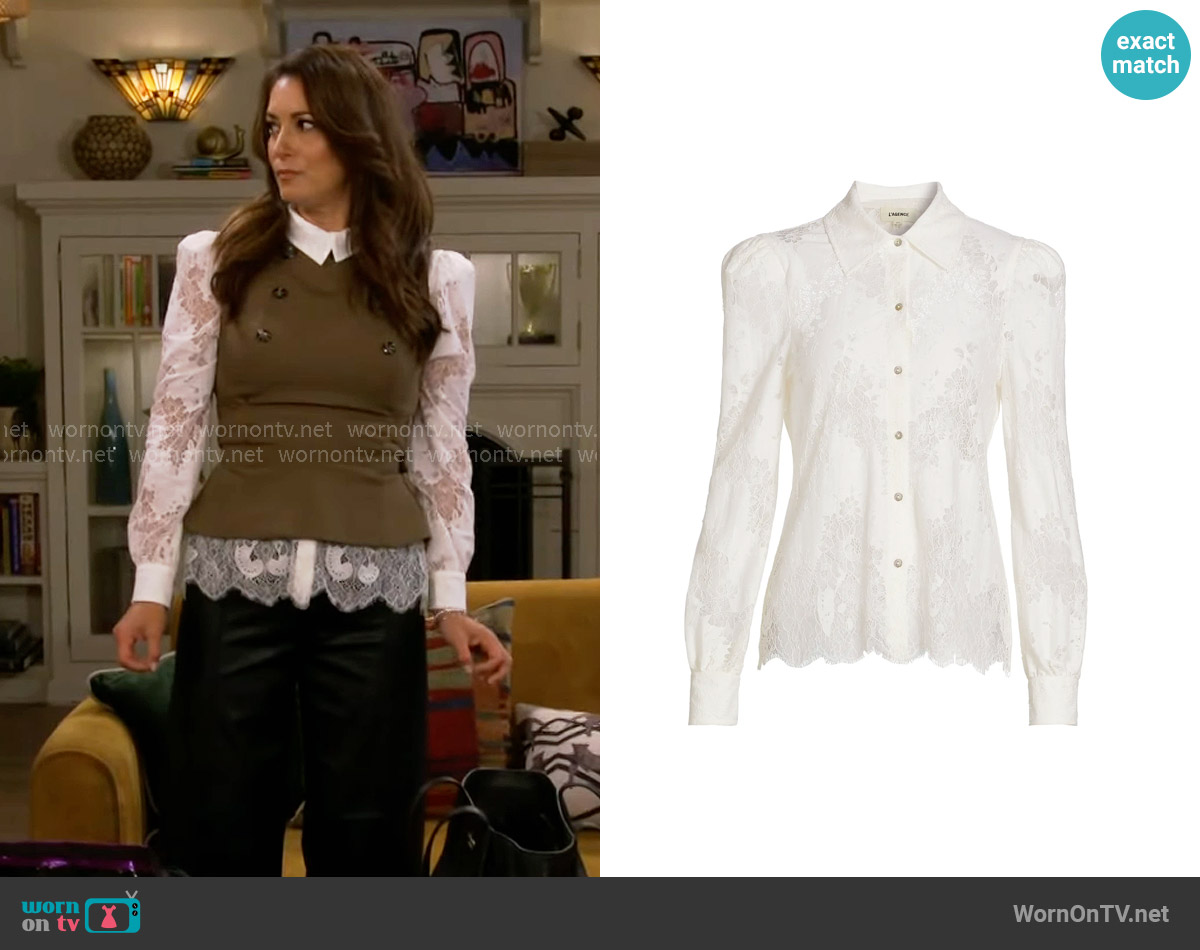 L'Agence Jenica Lace Blouse worn by Lisa Chatsworth (Angelique Cabral) on The Neighborhood