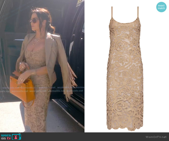 L'Agence Kazuko Lasercut Midi Dress in cappuccino worn by Kyle Richards on The Real Housewives of Beverly Hills