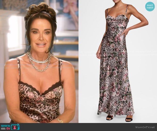 L'Agence Sayla Bias-Cut Silk Gown in Multi Large Rose Cheetah worn by Kyle Richards on The Real Housewives of Beverly Hills