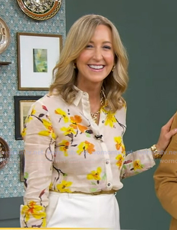 Lara’s white floral print button down blouse on Good Morning America