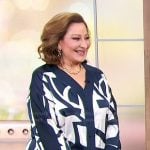 Laura J. Geller’s abstract print blouse on Sherri