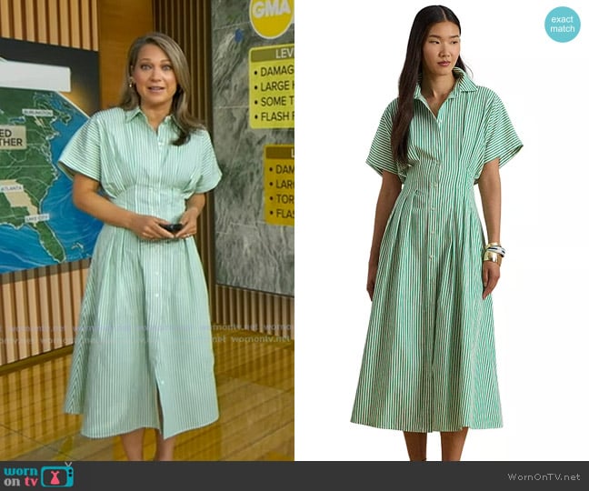 Lauren Ralph Lauren Striped Pleated Broadcloth Shirtdress worn by Ginger Zee on Good Morning America