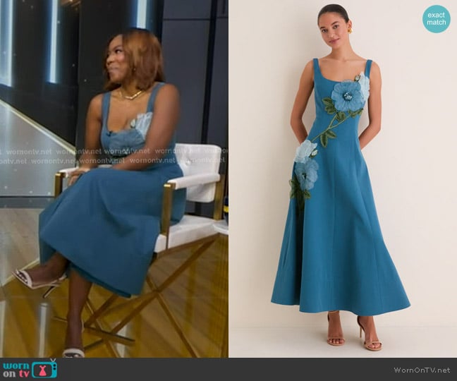 Lela Rose Peony Embroidered Full Dress in Mallard on Mallard worn by Tiffany Reid on Good Morning America