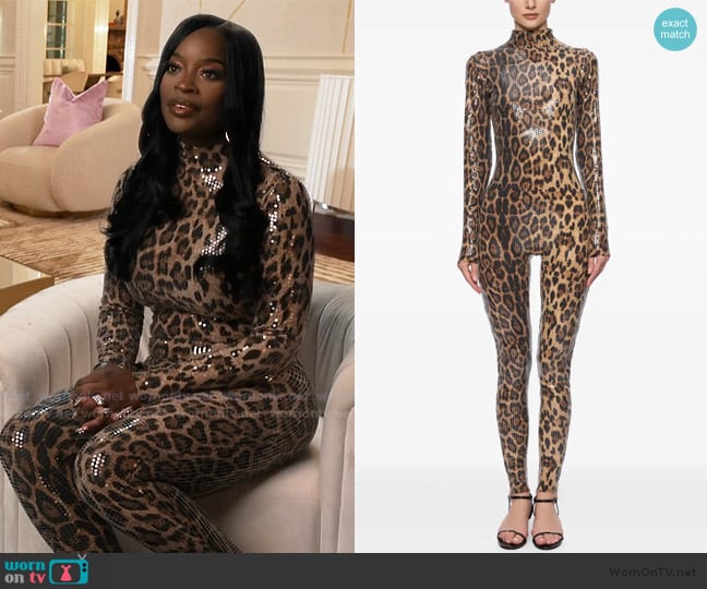 Leopard-print jumpsuit worn by Shamea Morton Mwangi on The Real Housewives of Atlanta