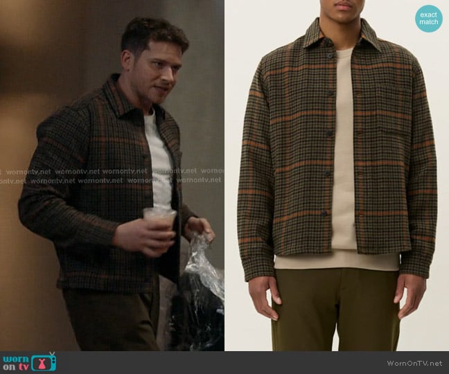 Les Deux Kody Houndstooth Wool Blend Overshirt in Teak worn by Evan Buckley (Oliver Stark) on 9-1-1