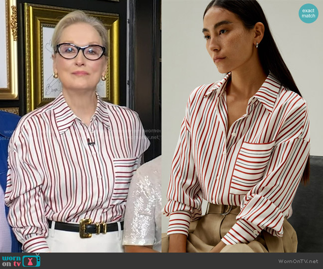 Lily Silk Oversized Striped Silk-Twill Shirt in Munich Stripe worn by Meryl Streep on Good Morning America