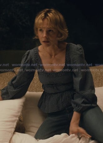 Lindsay’s blue soop neck gingham top on Beef