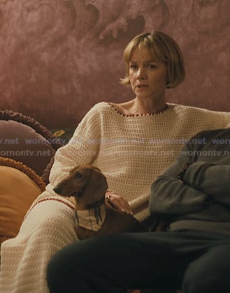 Lindsay’s white crochet knit sweater and pants on Beef