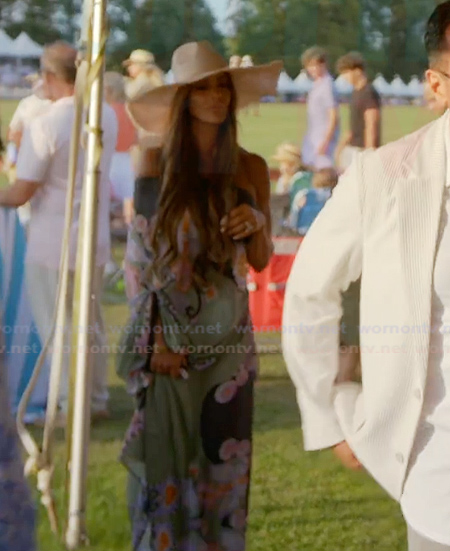 Liz’s printed off shoulder maxi dress on The Real Housewives of Rhode Island