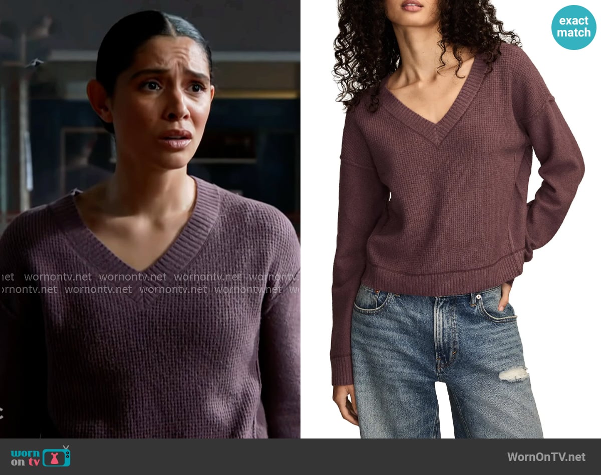Lucky Brand Waffle Knit V-Neck Sweater in Flint worn by Stella Kidd (Miranda Rae Mayo) on Chicago Fire