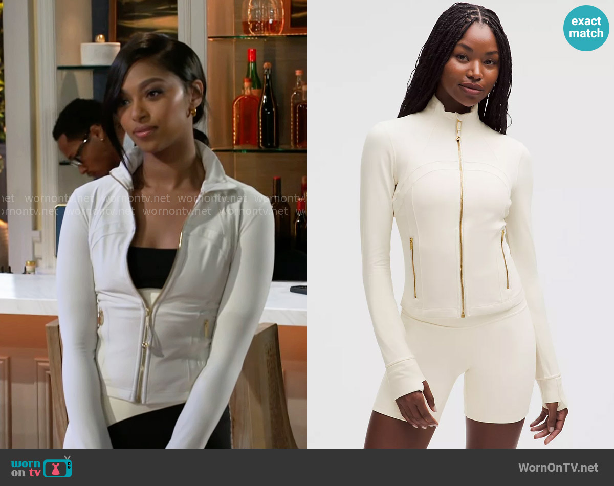 Lululemon Cropped Define Jacket in Light Ivory/Gold/Gold worn by Kat Richardson (Colby Muhammad) on Beyond the Gates