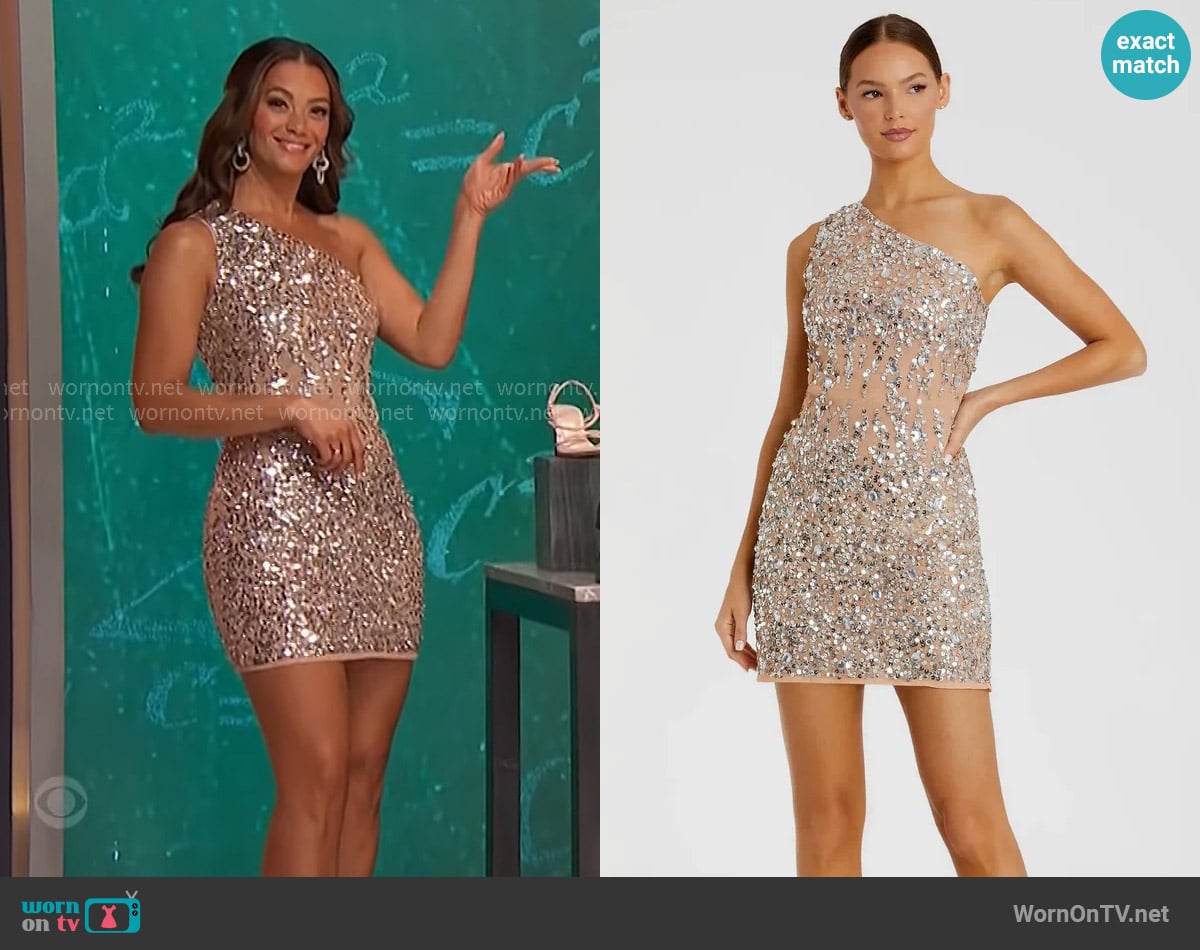 Mac Duggal One Shoulder Sheer Hand Sequined Mini Dress worn by Alexis Gaube on The Price is Right