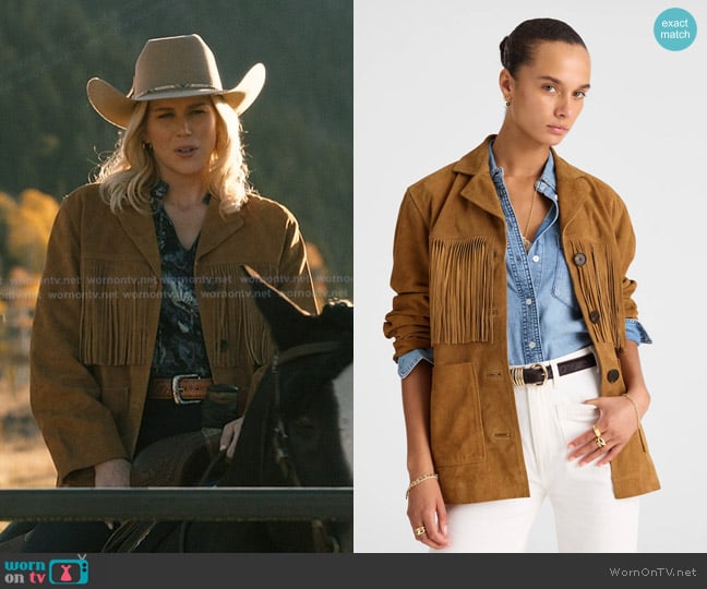 Madewell Fringe Suede Shirt-Jacket in dried acorn worn by Dolly Weaver (Ellyn Jameson) on Marshals