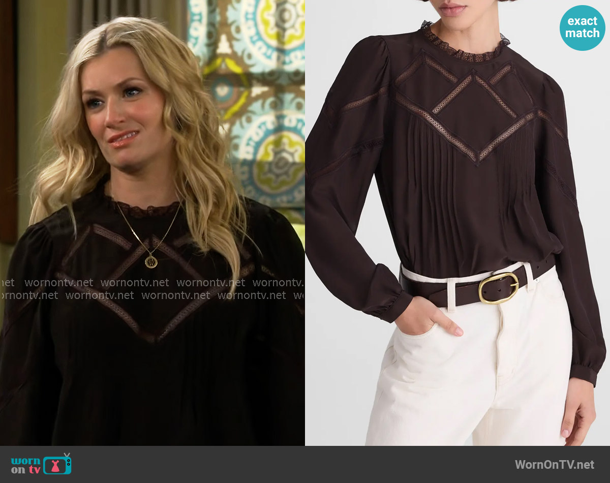 Madewell Lace Insert Mock Neck Long Sleeve Top in Molasses worn by Gemma (Beth Behrs) on The Neighborhood